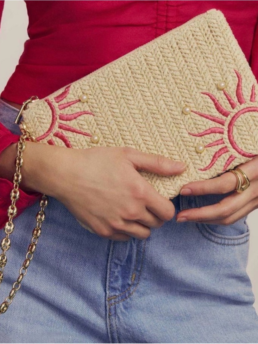 Kendra Scott Beige Woven Clutch with Pink Sun Embroidery